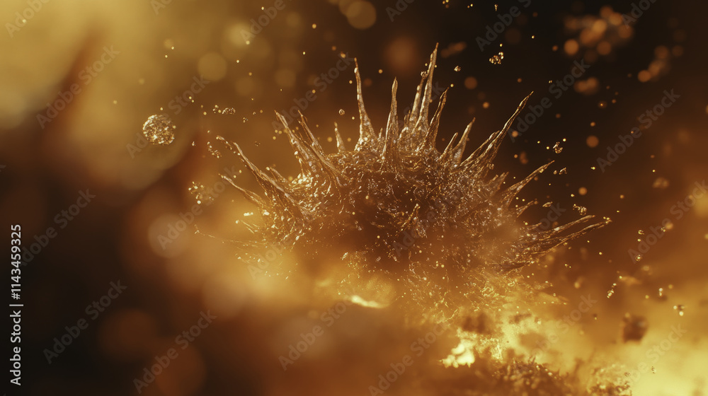 Fototapeta premium Microscopic view of viral structure with spikes, showcasing intricate details and textures in golden hue. image evokes sense of wonder and curiosity about microscopic world