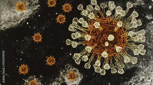 Obraz na płótnie Microscopic depiction of coronavirus like viral particles, showcasing intricate structures and details. This highlights complexity of viral forms in scientific context w salonie