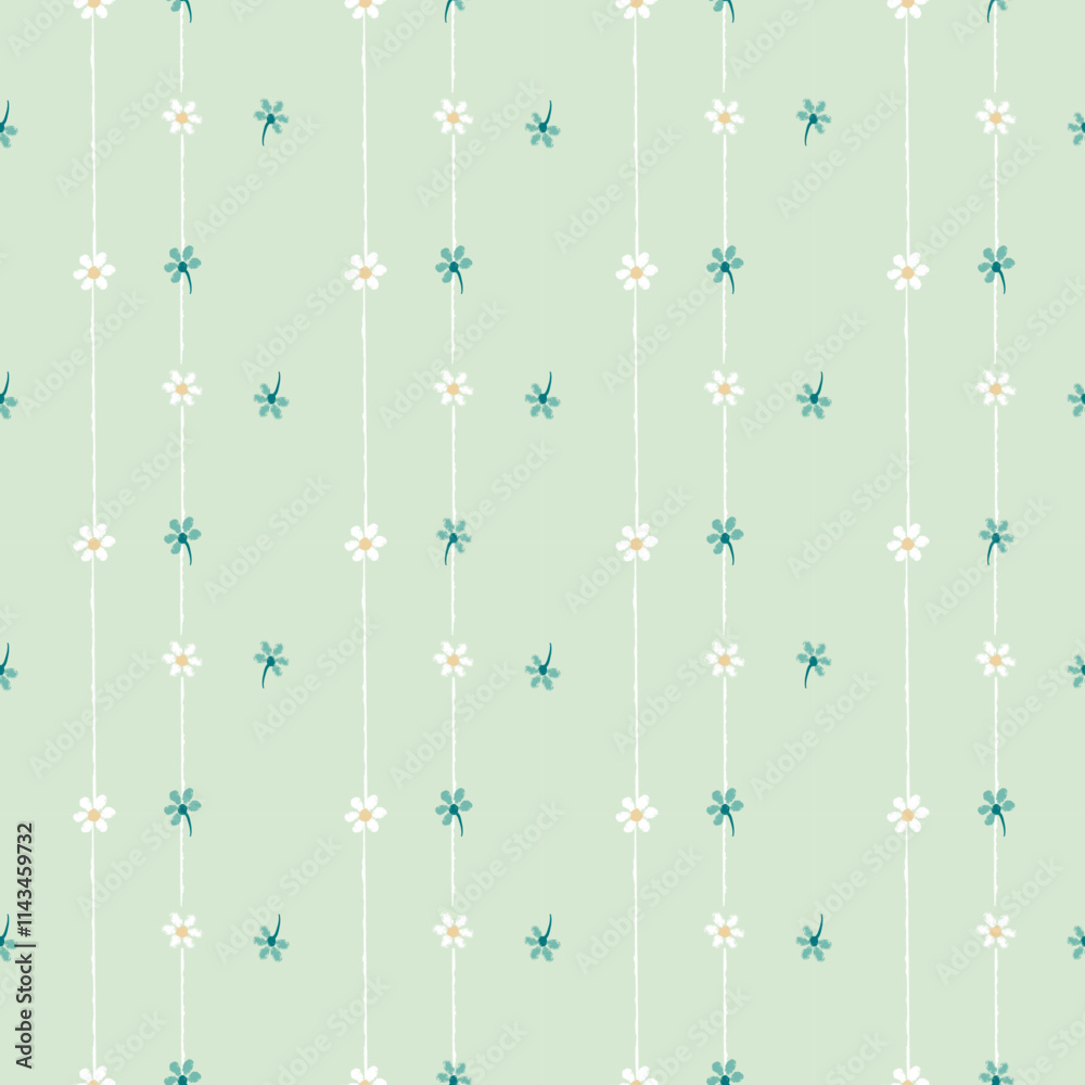 Vector pattern of fabric, wallpaper, wrapping paper, mats and bed sheets. Continuous in various sizes and repeatable. Cute style. Vertical stripes are wavy lines. Decorated with cute flowers.