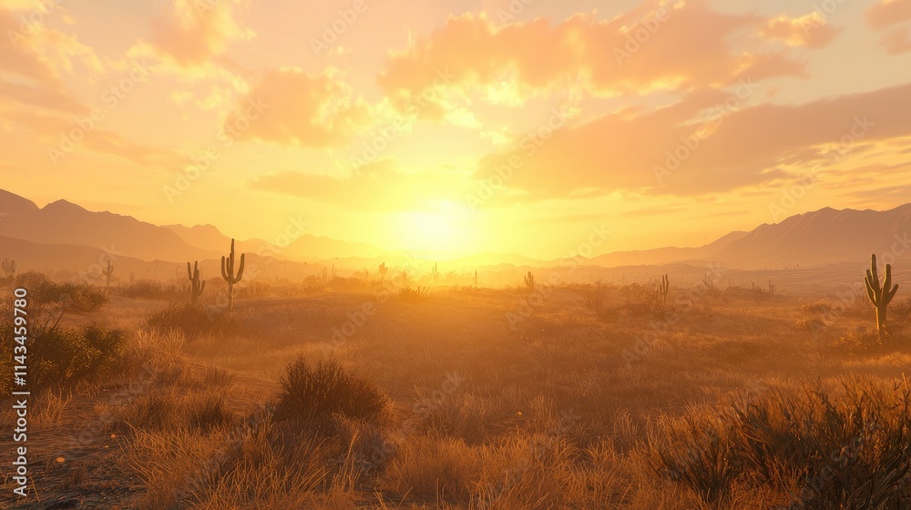 A breathtaking desert scene, with golden dunes layered over a radiant sunset, showcasing silhouettes of cacti and a wide-open sky filled with wispy clouds. A breathtaking desert scene, with golden dunes layered over a radiant sunset, showcasing silhouettes of cacti and a wide-open sky filled with wispy clouds.
