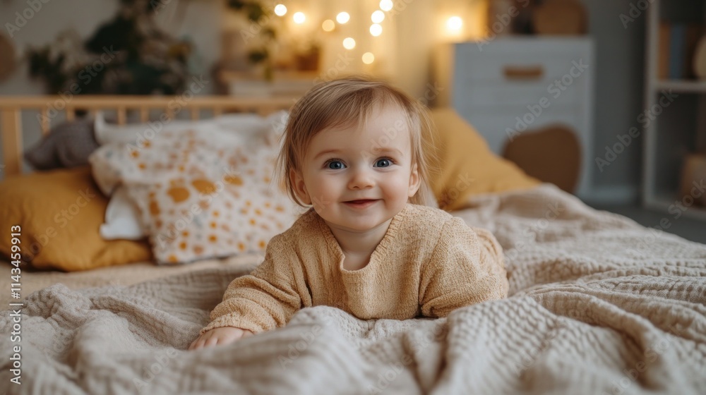 Baby smiling on a cozy bed with warm decor. Baby smiling on a cozy bed with warm decor.