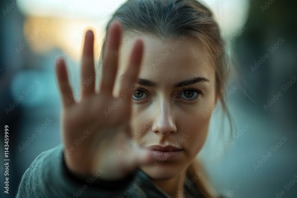 Woman holds up hand, palm facing forward, in front of her face. Illustrates concepts of rejection, self-protection, or defiance. Woman holds up hand, palm facing forward, in front of her face. Illustrates concepts of rejection, self-protection, or defiance.