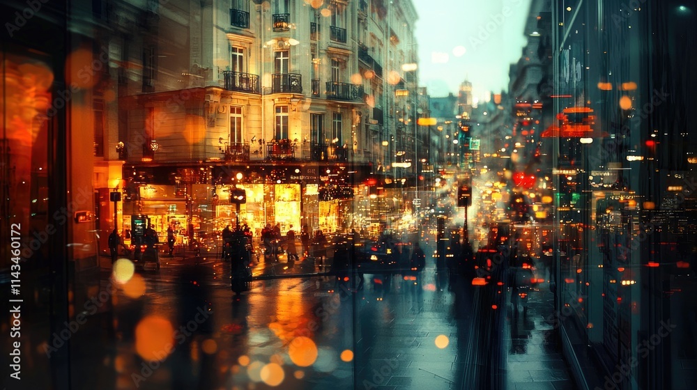 Obraz premium A bustling cityscape at dusk, where the bright lights of the buildings blend with the fading light, forming a surreal double exposure effect.