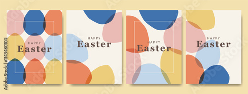 Set of background designs for Easter featuring paper cutout egg shapes in modern colorful palette. Good for posters, flyers, greeting cards, invitations, and more.