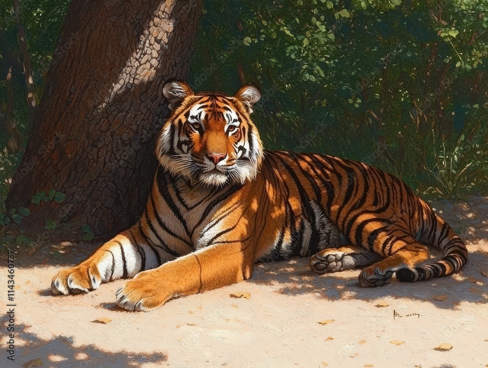 Fototapeta premium Tiger lying under tree wildlife sanctuary animal portrait lush environment close-up view nature conservation