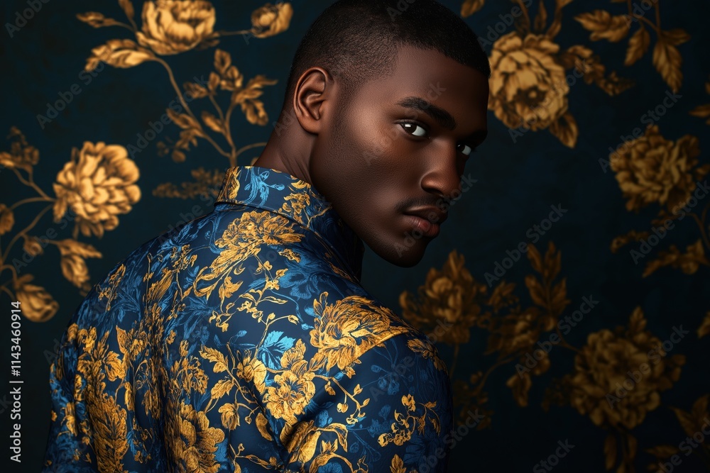 Fototapeta premium Man in Floral Shirt, Dark Floral Background