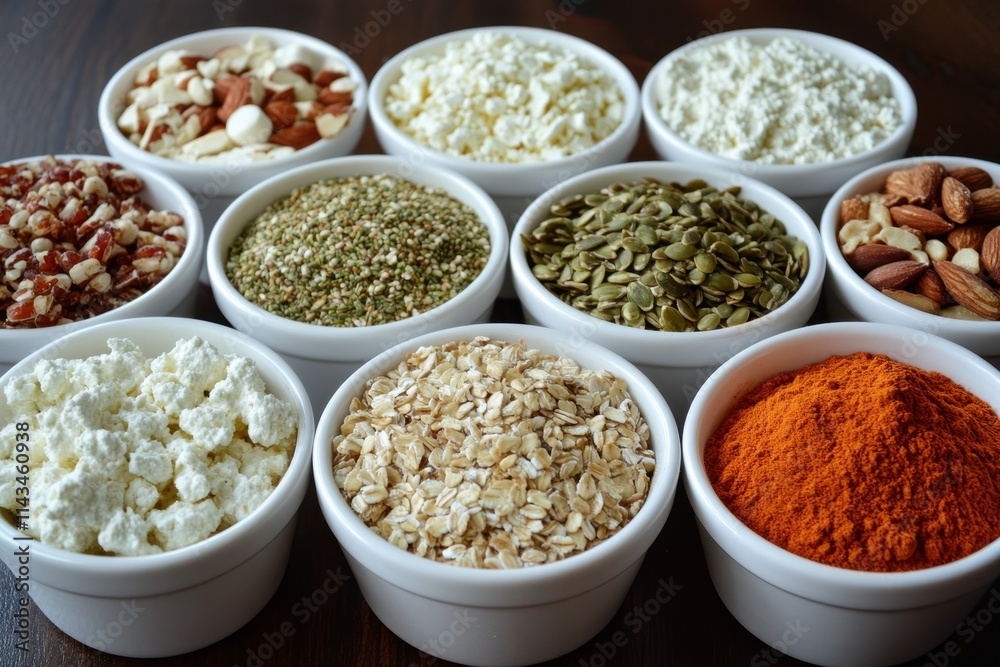 Assorted bowls of various healthy ingredients, including nuts, seeds, and grains. Perfect for healthy eating, cooking, or nutrition-related concepts. Assorted bowls of various healthy ingredients, including nuts, seeds, and grains. Perfect for healthy eating, cooking, or nutrition-related concepts.