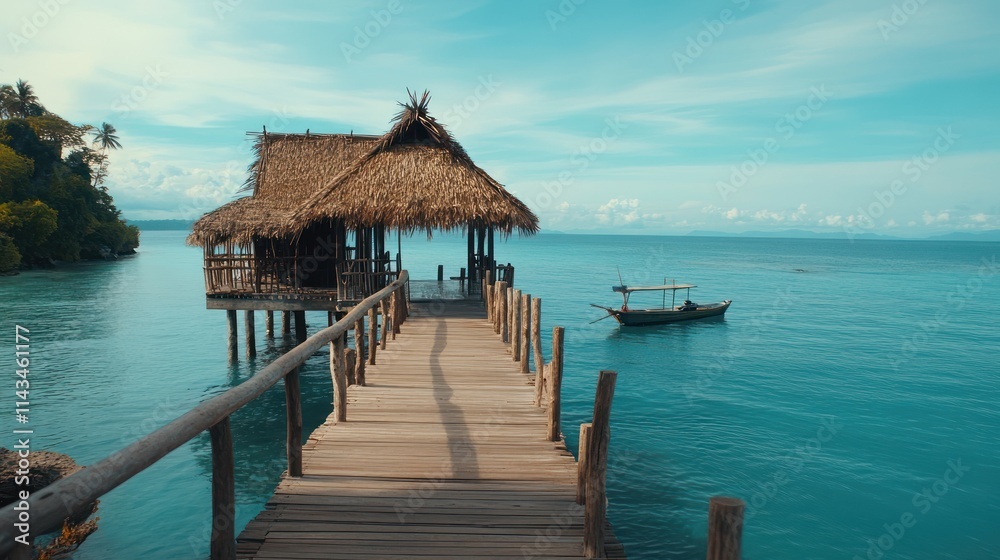 Tranquil Overwater Bungalow with Wooden Pier and Boat on Calm Turquoise Sea under a Sunny Sky Tranquil Overwater Bungalow with Wooden Pier and Boat on Calm Turquoise Sea under a Sunny Sky