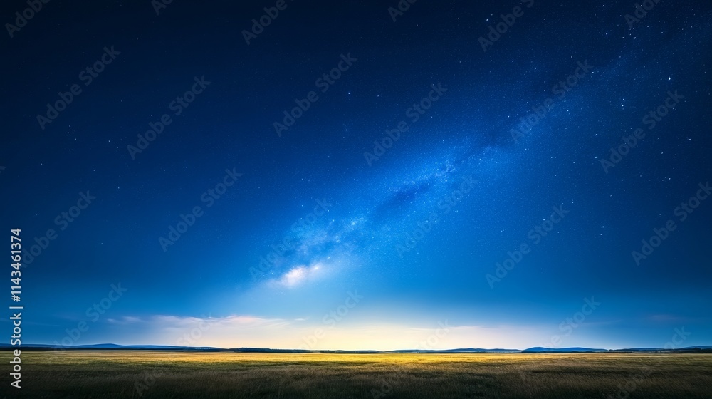 Tranquil Night Sky Over Open Fields with Milky Way Galaxy and Stars Illuminating the Dark Landscape, Nature's Wonders on Display in Peaceful Setting Tranquil Night Sky Over Open Fields with Milky Way Galaxy and Stars Illuminating the Dark Landscape, Nature's Wonders on Display in Peaceful Setting