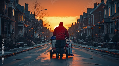 Worker Pushing Cleaning Cart at Sunset on Snowy Street photo