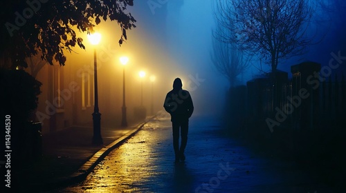 Silhouette Man Walking Foggy Street Night Photography