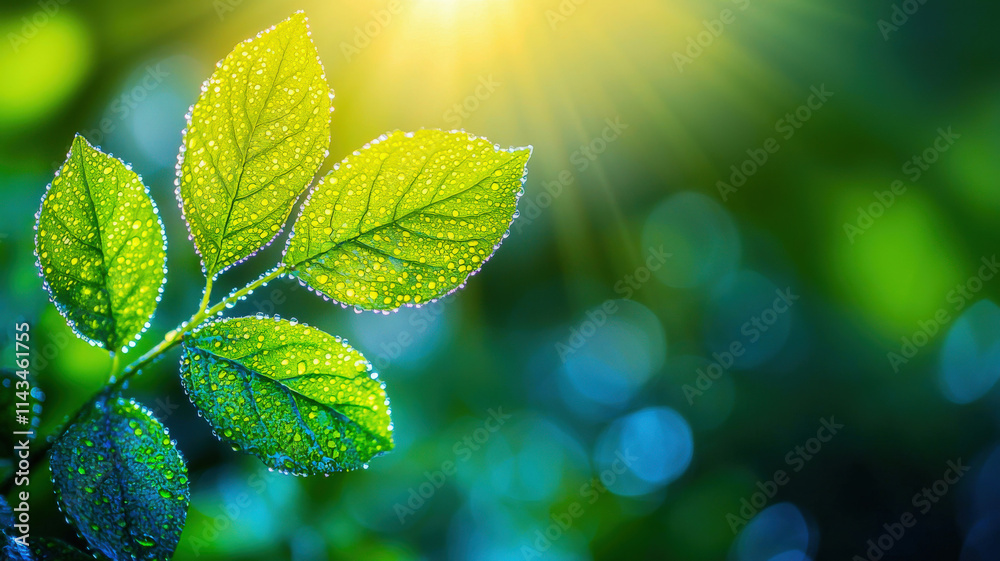 Close-up of fresh green leaves with dew droplets glistening under soft natural light, creating a serene and refreshing nature-inspired scene. Close-up of fresh green leaves with dew droplets glistening under soft natural light, creating a serene and refreshing nature-inspired scene.