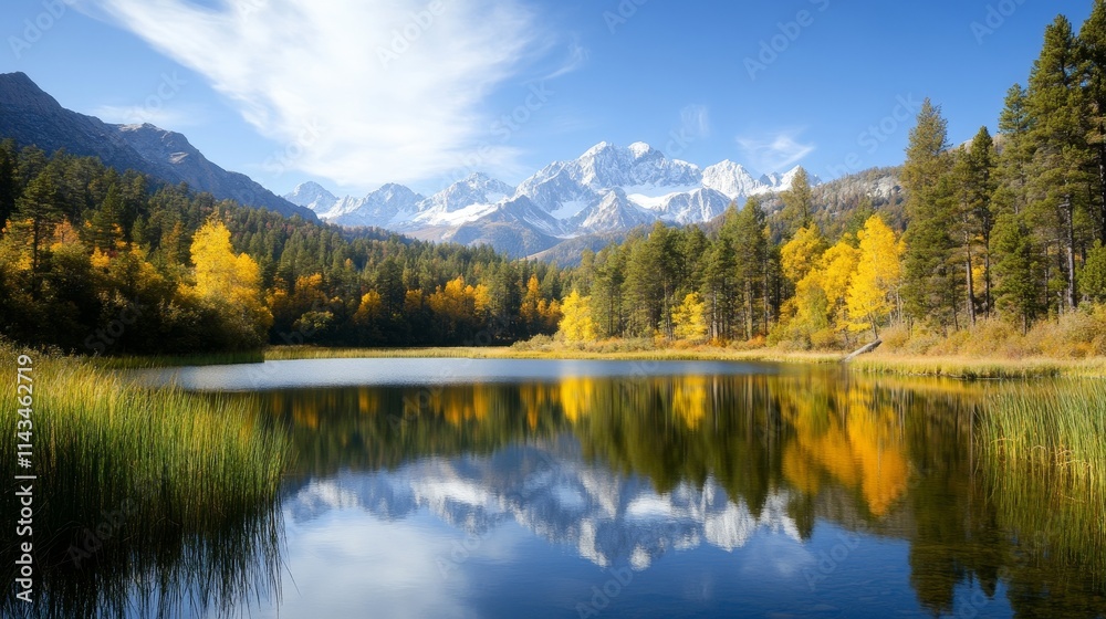Scenic Autumn Landscape Reflection in Calm Lake Surrounded by Colorful Trees and Majestic Snow-Capped Mountains Under Clear Blue Sky in Tranquil Nature Setting Scenic Autumn Landscape Reflection in Calm Lake Surrounded by Colorful Trees and Majestic Snow-Capped Mountains Under Clear Blue Sky in Tranquil Nature Setting