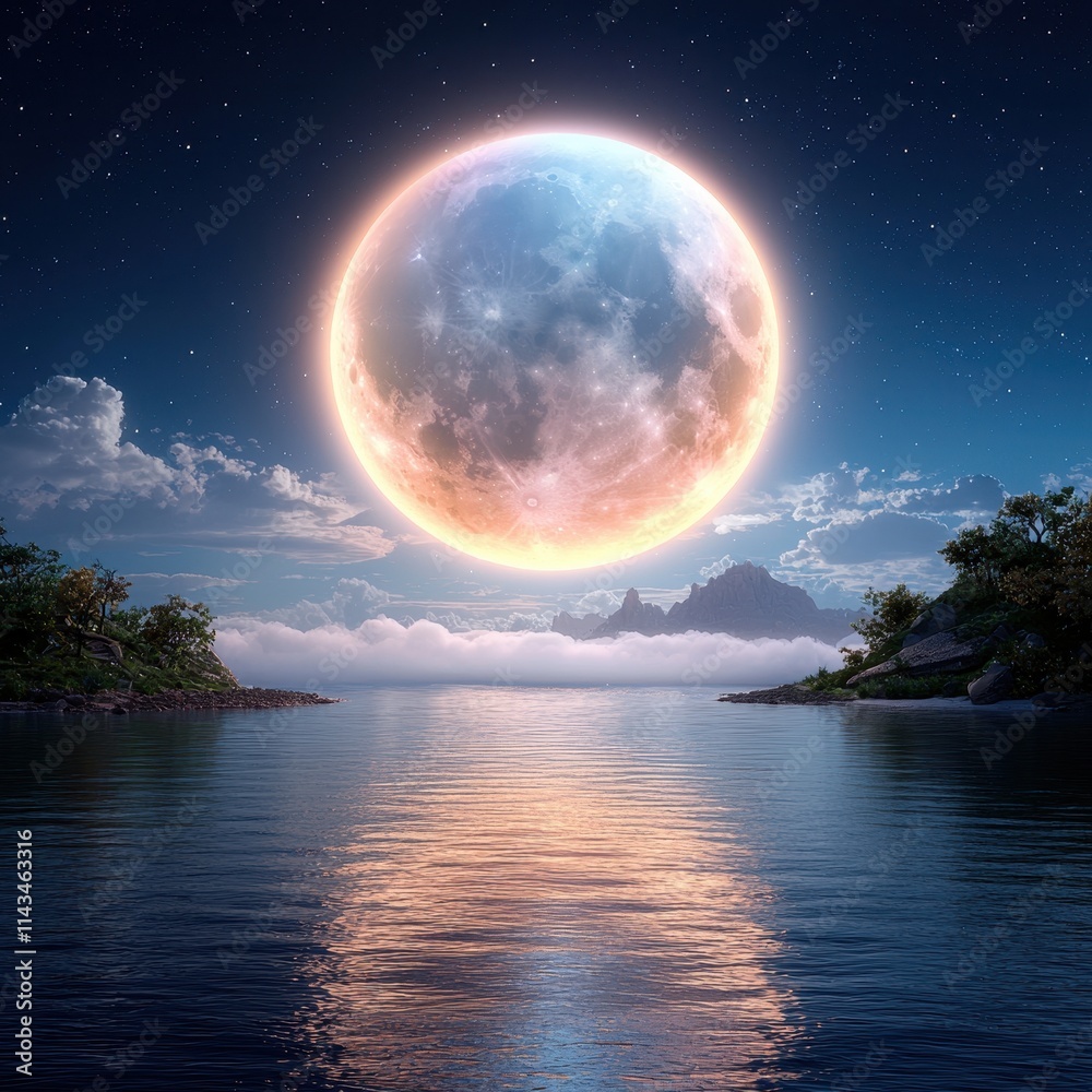 Serene Moonlight Over Calm Water Under Starry Night Sky Serene Moonlight Over Calm Water Under Starry Night Sky