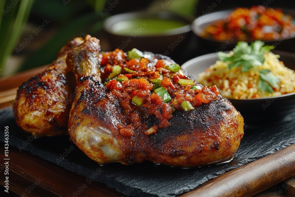 Grilled chicken with spicy salsa, served with rice. Perfect for restaurant menus, food blogs, and culinary websites. Grilled chicken with spicy salsa, served with rice. Perfect for restaurant menus, food blogs, and culinary websites.