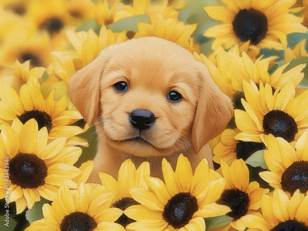 Playful puppy surrounded by sunflowers outdoor garden animal photography bright environment close-up joyful concept Playful puppy surrounded by sunflowers outdoor garden animal photography bright environment close-up joyful concept