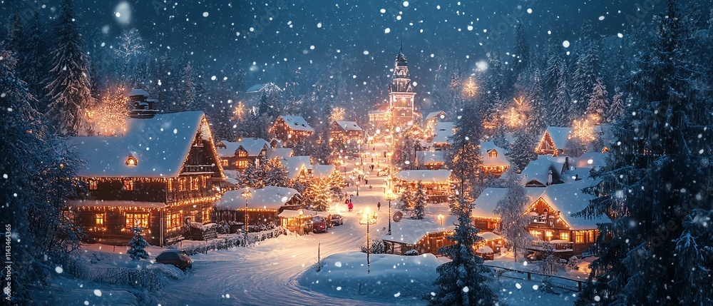 Snow falling gently over a brightly lit Christmas village, colorful holiday lights adorning houses and trees, a warm and magical winter scene Snow falling gently over a brightly lit Christmas village, colorful holiday lights adorning houses and trees, a warm and magical winter scene