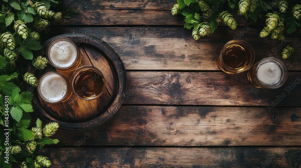 A rustic setting with beer and hops. A rustic setting with beer and hops.