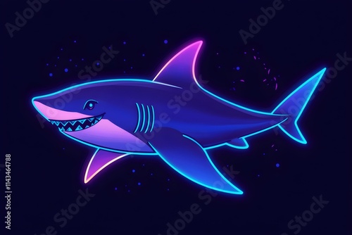 Neon cartoon shark isolated on black background.