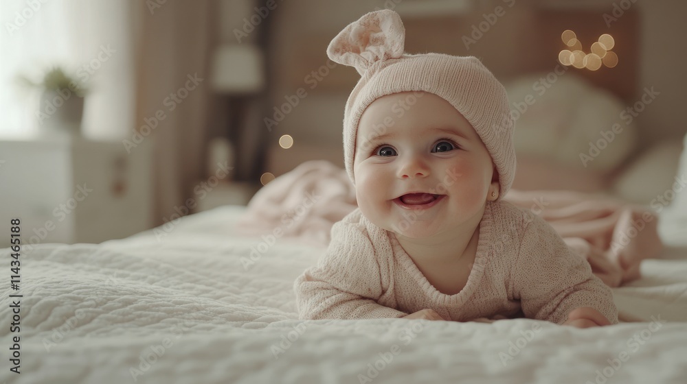 Happy baby smiling on a cozy bed. Happy baby smiling on a cozy bed.