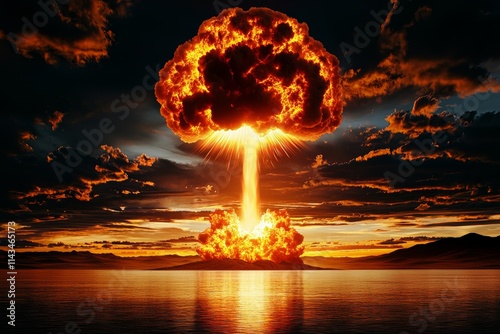 A dramatic explosion visualizes the power of nuclear reactions against a vibrant sky and tranquil water.