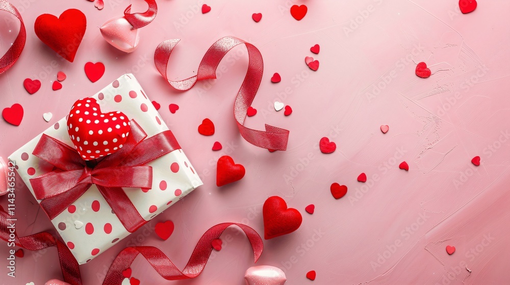 Festive Gift with Hearts on Pink Background Festive Gift with Hearts on Pink Background