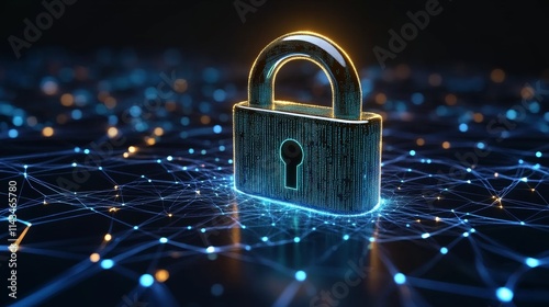 A glowing digital padlock symbolizing cybersecurity and data protection in a networked environment.