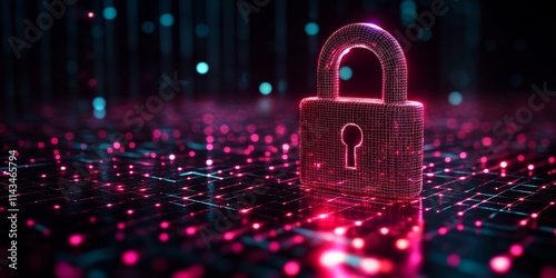 A glowing digital lock symbolizing cybersecurity on a vibrant data matrix background.