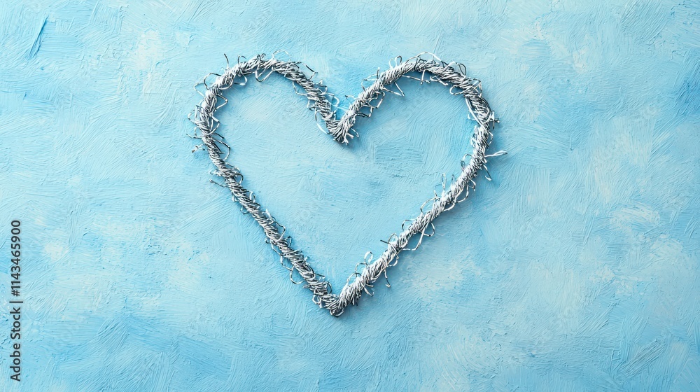 Silver heart silhouette made of thread, placed against a soft blue textured backdrop.