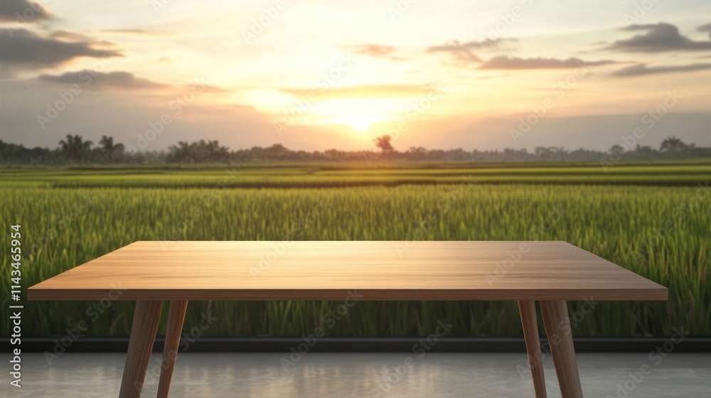 Wooden table in front of a sunset landscape. Wooden table in front of a sunset landscape.