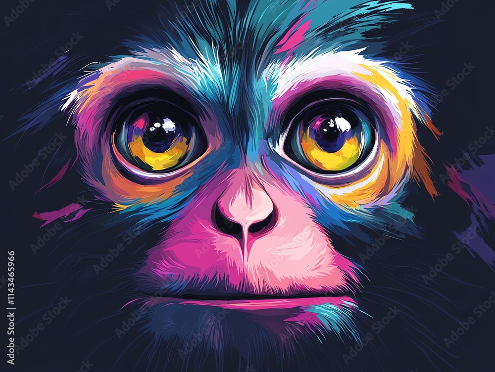 A vibrant, stylized illustration of a monkey's face with bold colors and expressive features. A vibrant, stylized illustration of a monkey's face with bold colors and expressive features.