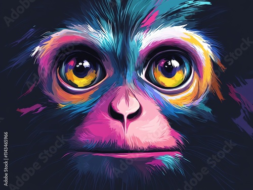 A vibrant, stylized illustration of a monkey's face with bold colors and expressive features.