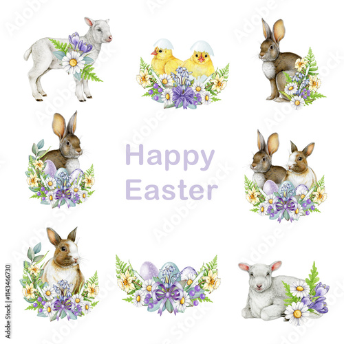 Easter festive floral traditional decor element set with lamb and bunny. Watercolor vintage style illustration. Hand drawn bunny, chicks, lamb, painted eggs, spring flowers on white background photo