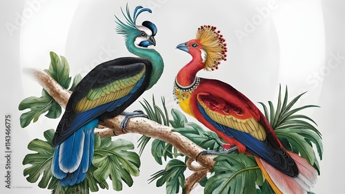 Artistic colorful tropical birds illustration with vibrant plumage and exotic wildlife elements for creative nature inspired decorative designs and exotic wildlife themes photo