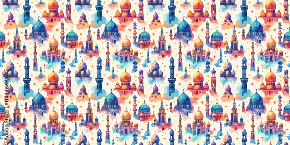 Fototapeta premium Colorful watercolor mosque seamless pattern with domes and minarets