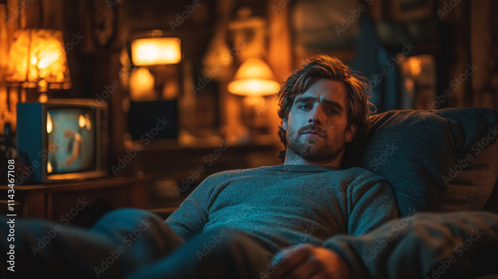 A young man with a thoughtful expression lounges on a couch in a warmly lit room with vintage lamps and an old television in the background. A young man with a thoughtful expression lounges on a couch in a warmly lit room with vintage lamps and an old television in the background.