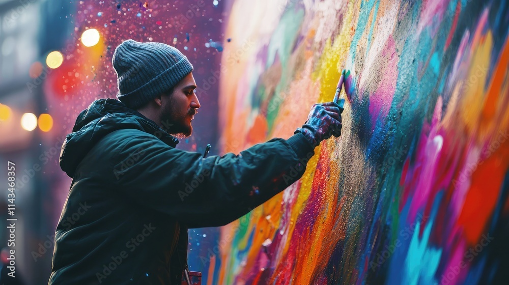 Fototapeta premium An artist painting a mural on a city wall, the colors splashing around, telling stories of cultural diversity and unity.