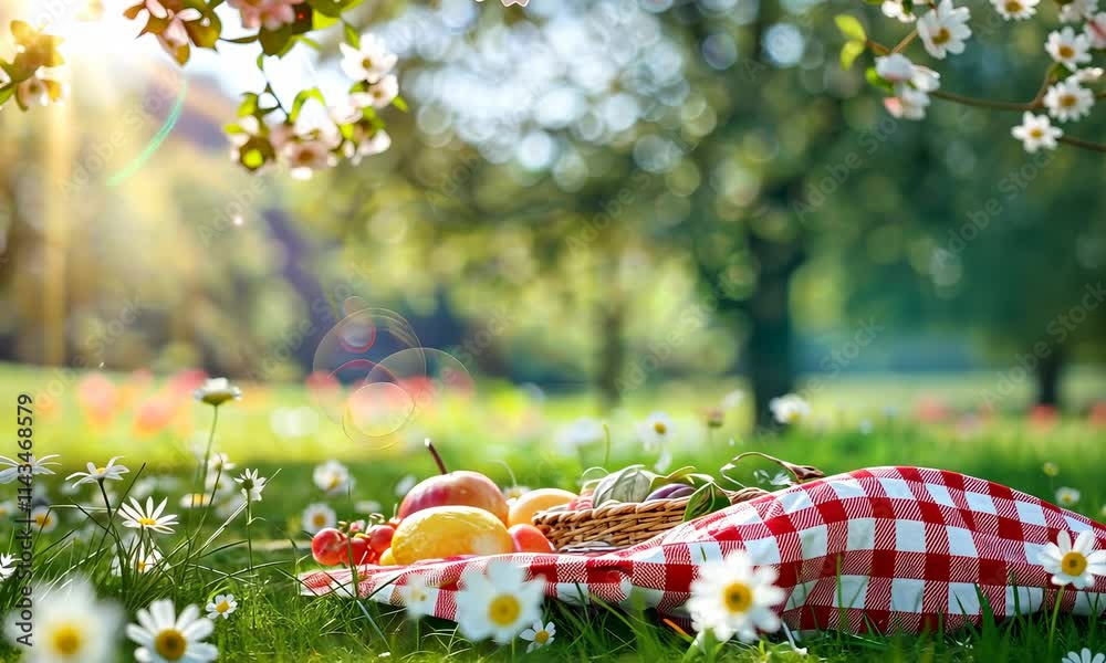 Picnic blanket with food in sunny park daisies