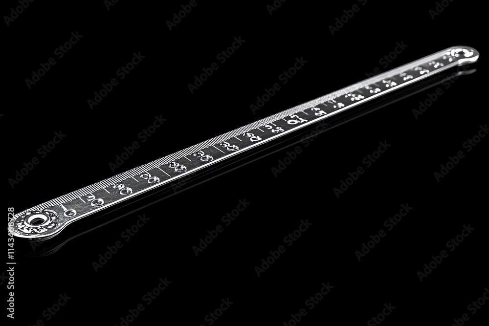 A shiny metal ruler with measurement markings, used for precise length measurement. A shiny metal ruler with measurement markings, used for precise length measurement.
