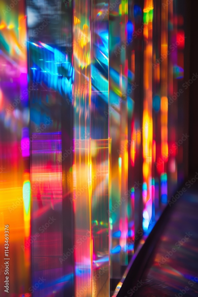 Fototapeta premium Abstract Vertical Laser Strips with Colorful Light Reflections on Glass Window
