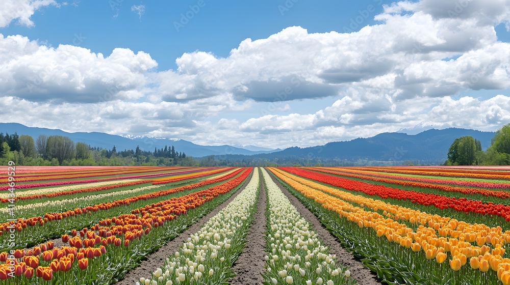 Colorful Tulip Rows Blooming Under a Spring Sky Colorful Tulip Rows Blooming Under a Spring Sky