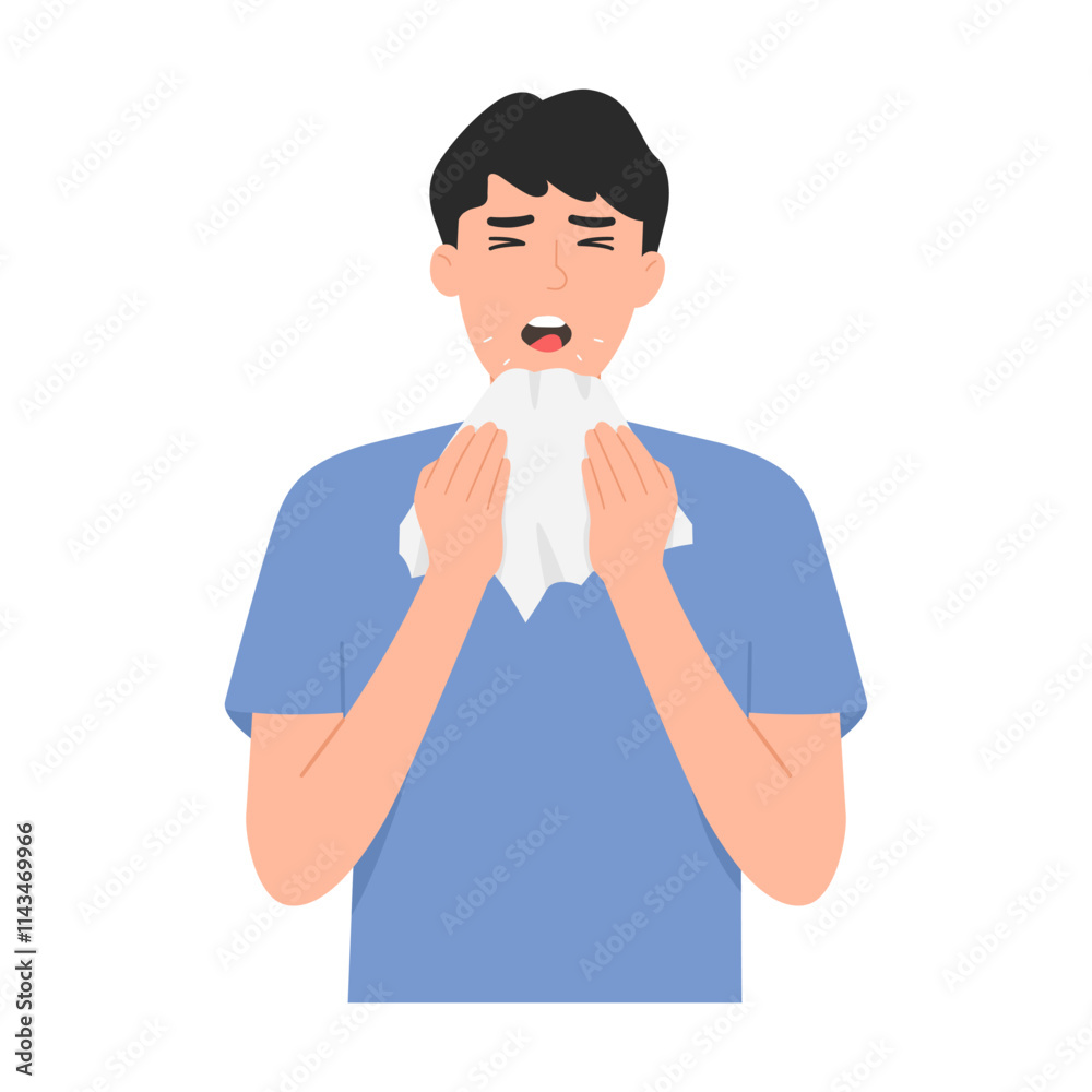 Vector illustration of sick man with cold, congestion and sneezing. Sneeze etiquette gesture using handkerchief to cover mouth. Vector illustration of sick man with cold, congestion and sneezing. Sneeze etiquette gesture using handkerchief to cover mouth.