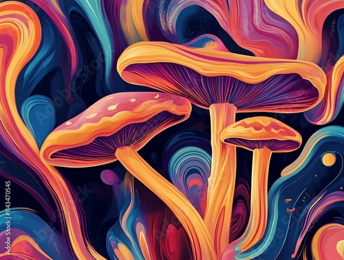 Vibrant, abstract mushrooms with colorful swirls in a psychedelic style.