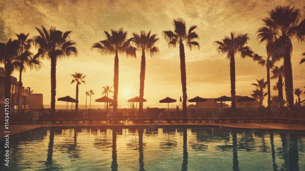 Obraz premium Golden Sunset Poolside Paradise: Palm Trees Reflecting in Tranquil Water
