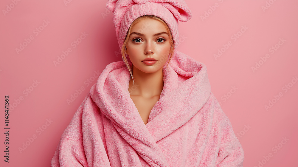 A stylish woman wrapped in a cozy pink bathrobe with a towel around her head, posing against a solid pink background, exuding beauty and relaxation. A stylish woman wrapped in a cozy pink bathrobe with a towel around her head, posing against a solid pink background, exuding beauty and relaxation.