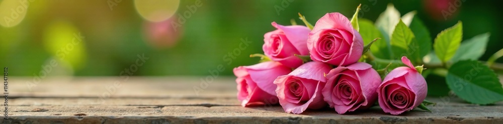 A beautifully arranged bouquet of pink rose buds on a wooden table in a summer garden, outdoor still life, pink rose buds, foliage A beautifully arranged bouquet of pink rose buds on a wooden table in a summer garden, outdoor still life, pink rose buds, foliage
