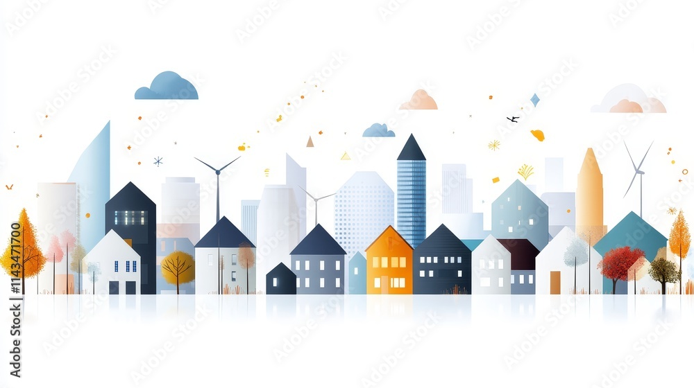 Colorful and Creative Cityscape Illustration Featuring Modern Buildings, Trees, and Nature Elements, Perfect for Eco-friendly and Urban Designs Colorful and Creative Cityscape Illustration Featuring Modern Buildings, Trees, and Nature Elements, Perfect for Eco-friendly and Urban Designs
