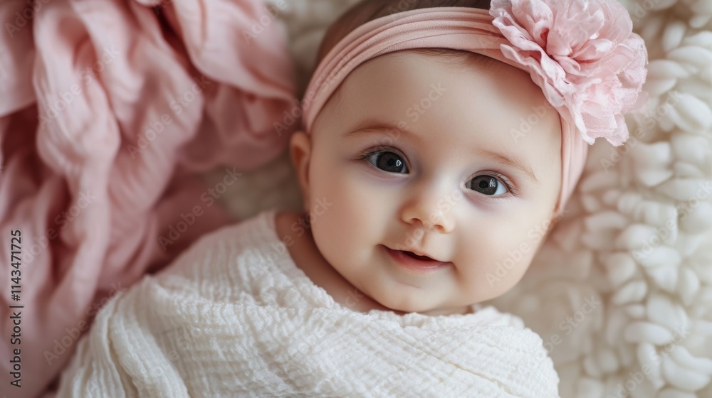 Precious Baby Girl with a Pink Flower Headband Precious Baby Girl with a Pink Flower Headband