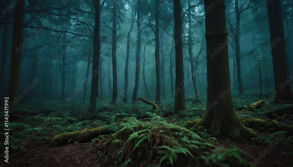 Fototapeta premium Gloomy spooky foggy dark forest landscape Mysterious horror forest background 3D illustration 8521