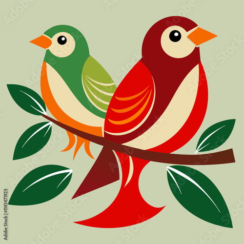 A stylized two birds perched on a branch